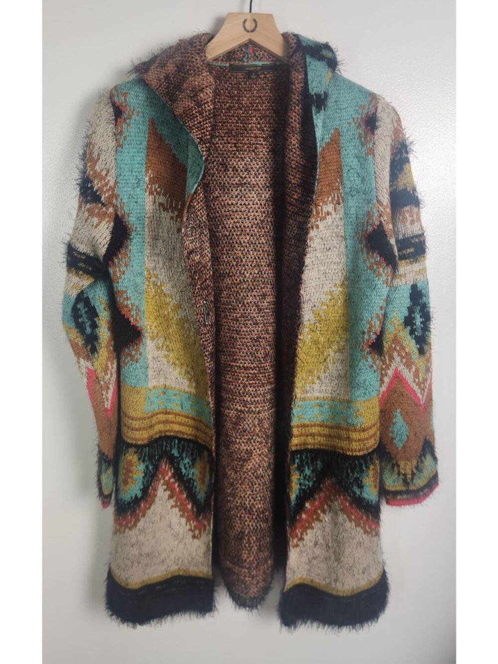 Max Sport Women's Sz. S Multi Color Aztec Hooded Cardigan Sweater